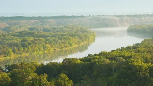 Bend of the Big River Forest Fog Aerial View