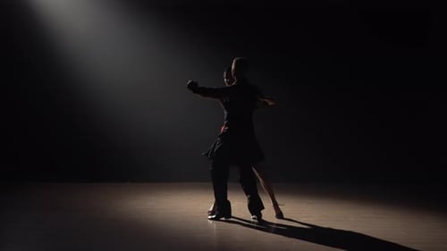 Silhouette of Couple Dancers Dance Tango in Dark with Smoke and Spotlights