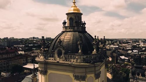Aerial drone view of a flying over the Catholic Cathedral