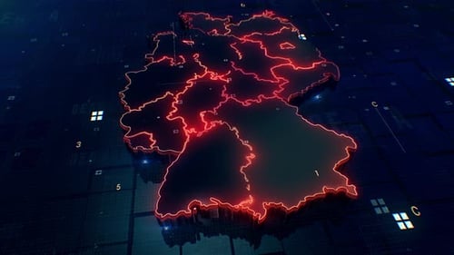 Digital Map of Germany with Glowing Red Borders and Data Overlay Animation