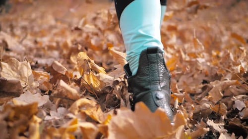 Feet of a Young Girl in Leather Shoes on Fallen Leaves in the Park. Autumn Concept.
