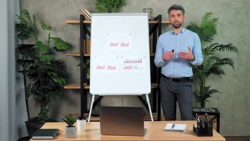 Confident coach trainer records online business webinar master class course