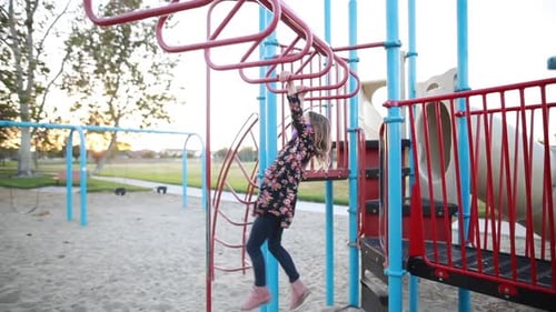 Girl Playing on Monkey Bars at Playground