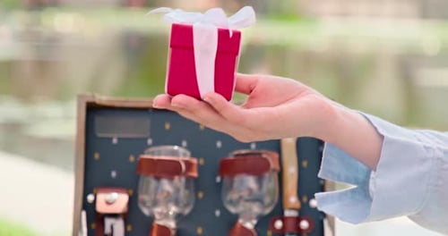 Slow Motion Gift Footage Close Up Women Giving From Hand To Hand Red Present Box