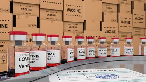 Vacunación y vacuna certificada contra el virus Covid19 en la línea de producción