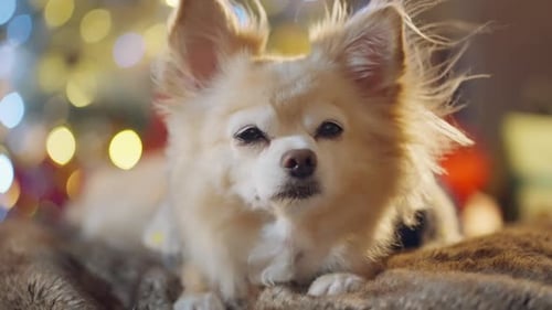 Relaxed Dog Resting near Christmas Tree Indoors