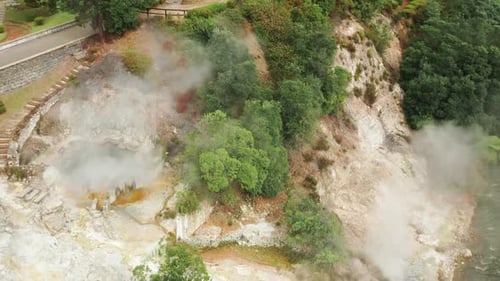 Aerial View of Steaming Geothermal Hot Springs