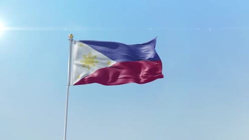 Realistic 3D Philippines Flag Waving Against Blue Sky