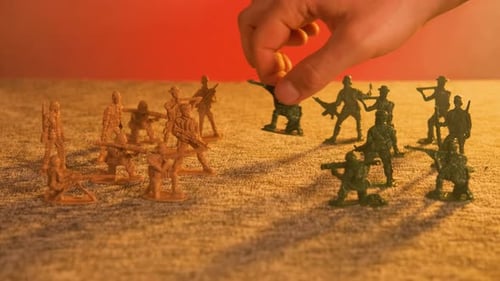 Plastic Toy Soldiers in Staged Battle Formation