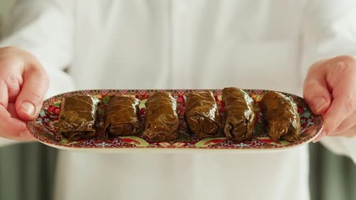 Dolma Closeup Meat in Grapes Leaves Middle Eastern National Traditional Food