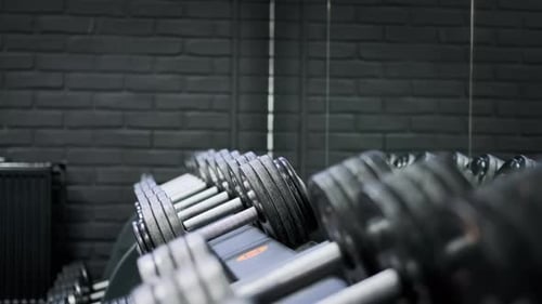 Athletic Man in the Gym Takes Dumbbells Before Performing the Exercise