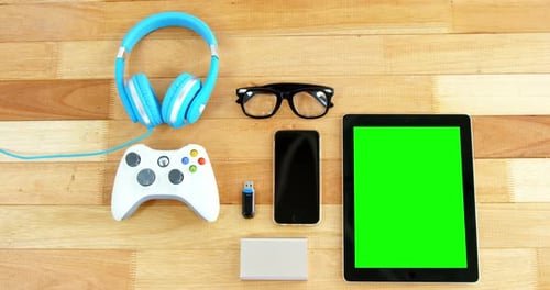 Digital tablet, mobile phone, usb flash drive, joystick, headphones and spectacles