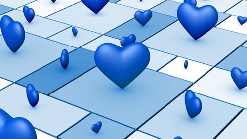 Blue Hearts Pulsating and Rotating on Geometric Grid Background