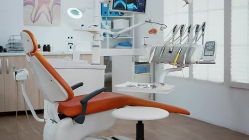 Interior of Modern Dental Office in Hospital with Dentistry Orthodontic Furniture