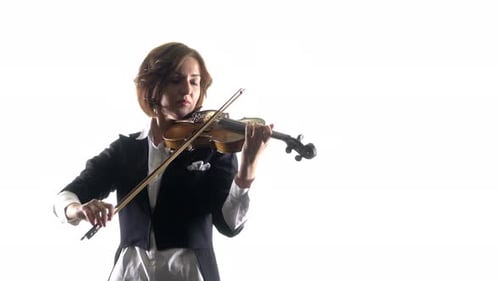 Woman Playing Violin Solo on White Background