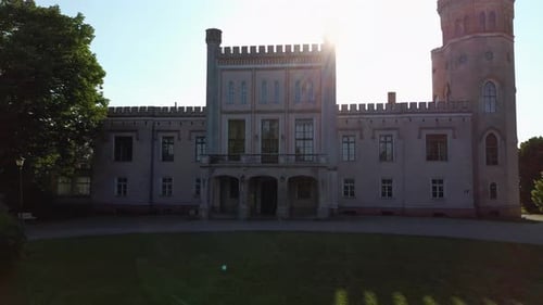 Vecauce Manor in Latvia Aerial View of the Pink Castle Through the Park.