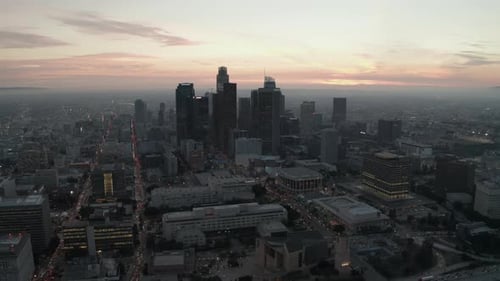 Breathtaking View of Skyscrapers in Downtown Los Angeles, California at Beautiful Sunset