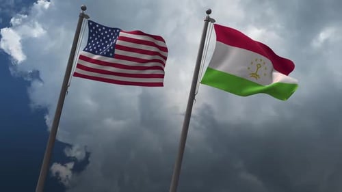 USA and Tajikistan Flags Waving Together Against Cloudy Sky