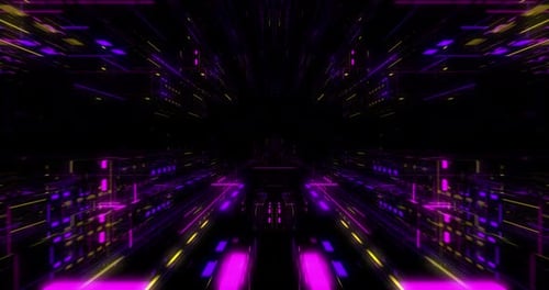 Flying over abstract motion background, a futuristic circuit board loop