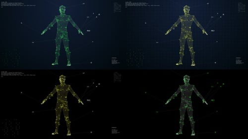 Futuristic Human Body Wireframe with Data Points HUD Animation