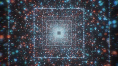 Virtueller Korridor mit quadratischen Linien und hellen Partikeln