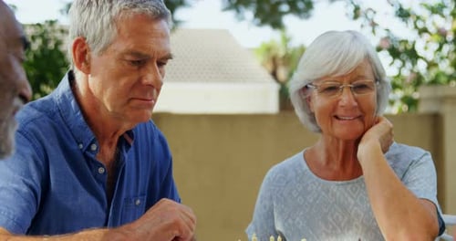 Seniors Playing Chess Together Outdoors on Sunny Day