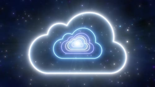Neon Cloud Shape Tunnel Moving in Dark Blue Night Sky Glowing Lights - 4K