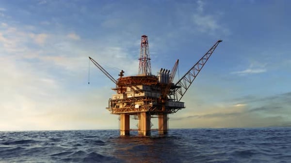 Sinking Oil Rig accident. Collapsed offshore oil platform. Lifeboats on ...