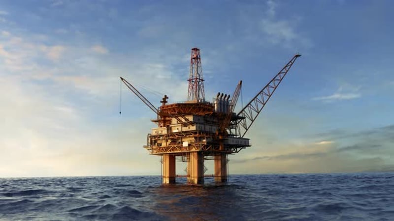 Sinking Oil Rig accident. Collapsed offshore oil platform. Lifeboats on ...