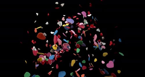 Hearts for Valentine's Day Party Exploding on Black Background, Slow Motion 4K