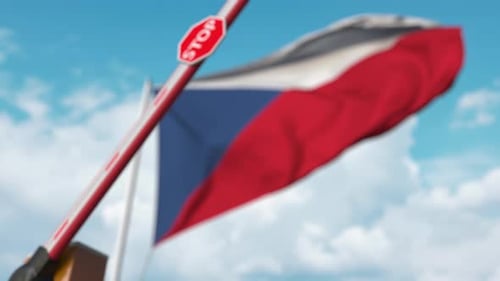 Security Barrier Closing with Stop Sign and National Flag