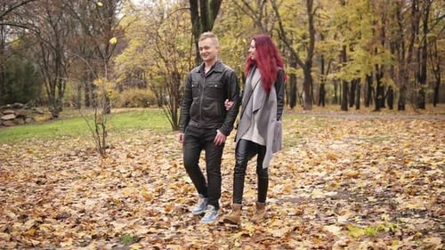 Romantisches junges Paar, das tagsüber Händchen haltend im Herbstpark spaziert
