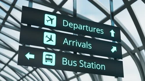 Guide sign directing to departures and arrivals zone. Airport. Terminal. 4k HD