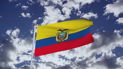 Animated Realistic Ecuador National Flag Waving in Blue Sky