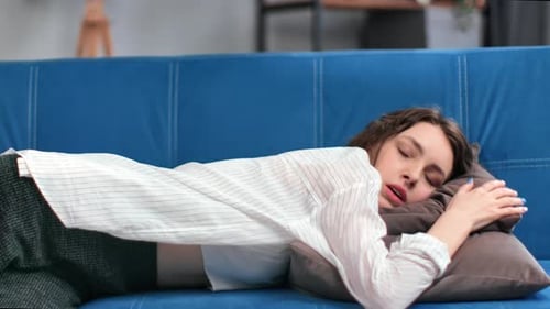 Tired Brunette Woman Falling Down Comfortable Cushion Blue Couch Suffering Mental Pain Overworked
