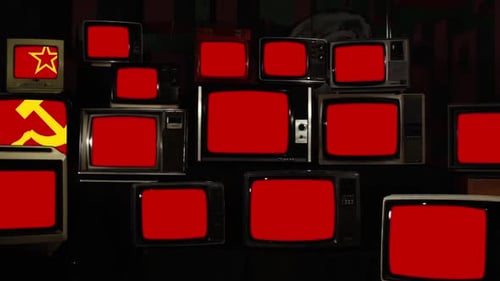 Soviet flags and 80s TVs.