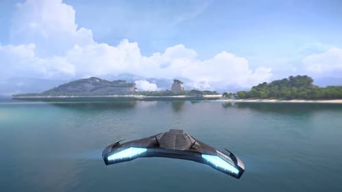 Futuristic Spacecraft Flying Over Tropical Island Animation