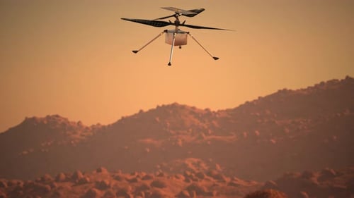 Mars Helicopter Drone Flying Over Martian Landscape