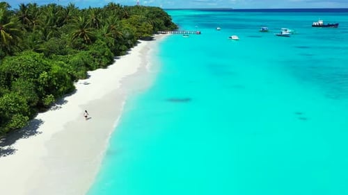 One woman enjoys life on exotic sea view beach voyage by blue green water and white sandy background