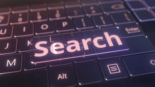 Clavier d'ordinateur futuriste et touche de recherche transparente