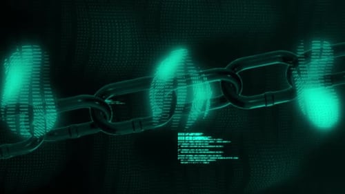 Animation d'une interface informatique numérique avec traitement de données et chaînes de maillons sur fond vert