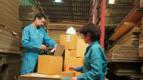 Two workers use a bar code scanner to check orders stock at parcels warehouse.