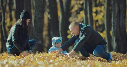 Family Plays Together with Leaves in Autumn Forest