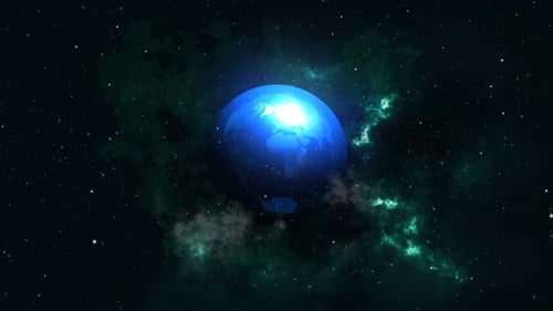 Rotating Blue Planet in Deep Space with Green Nebulae