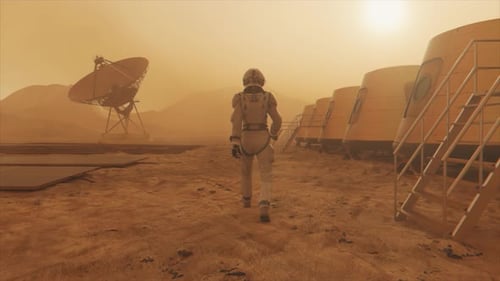 Astronaut on the Planet Mars Making a Detour Around His Base