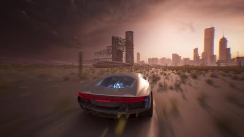 4K fake shooter and racing gameplay. Getting to the city through the desert at sunset