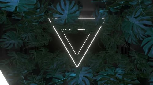 Glowing Neon Triangle Tunnel with Tropical Leaves