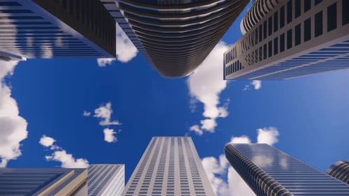 3d render of abstract bright city with skyscrapers. Simple forms of buildings in daylight.