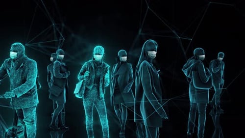 Futuristic Digital Crowd Wearing Masks Walking in Data Network