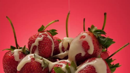 Fresas maduras con leche condensada azucarada sobre fondo rojo.